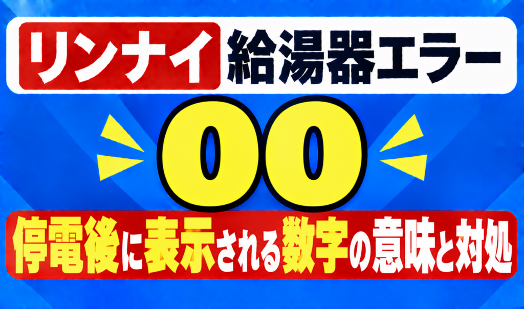 リンナイ給湯器エラー00の停電後に表示される数字の意味と対処を示したサムネイル画像