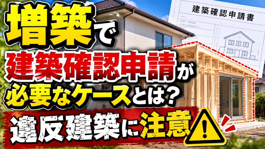 増築した住宅と建築確認申請書を背景に、建築確認申請が必要なケースと違反建築への注意を示したサムネイル画像