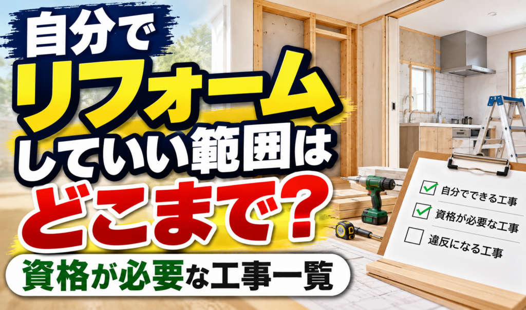 リフォーム中の住宅と工具を背景に、自分でできる工事と資格が必要な工事の違いを示したサムネイル画像