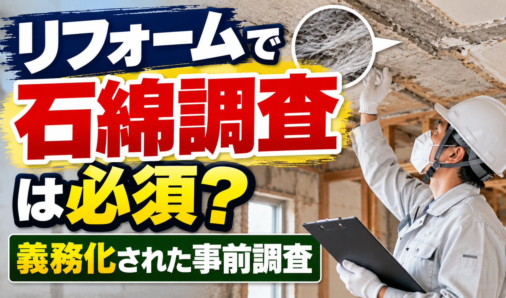 リフォーム現場で作業員が天井の建材を確認し、石綿の事前調査について示したサムネイル画像