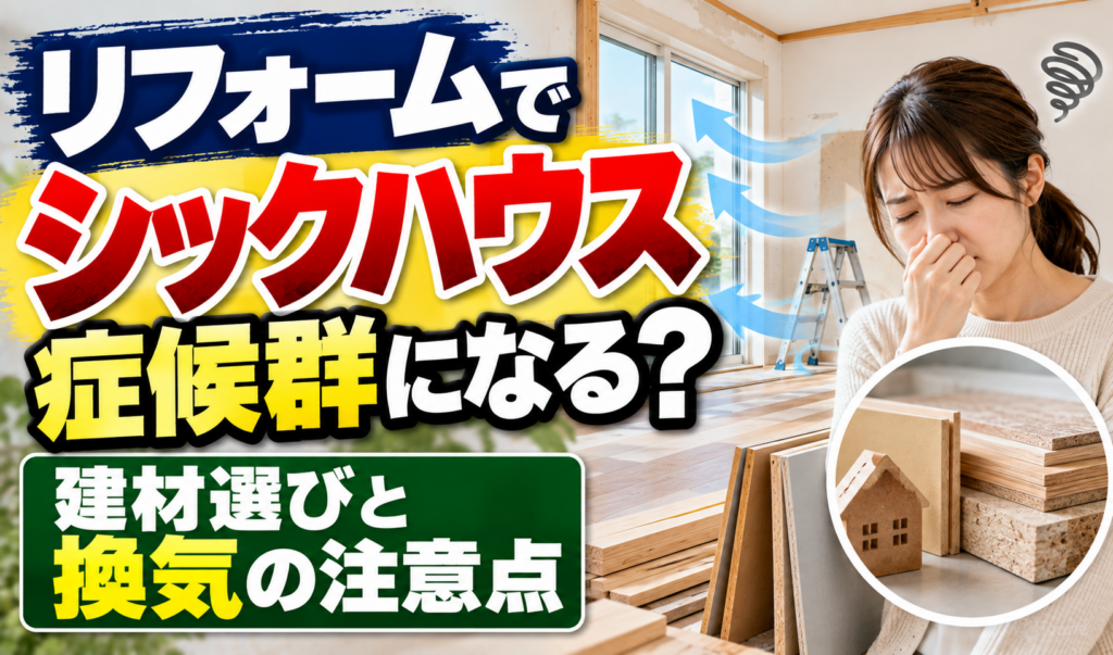 リフォームした室内で体調を気にする人物と建材、換気の様子を示したシックハウス症候群のサムネイル画像