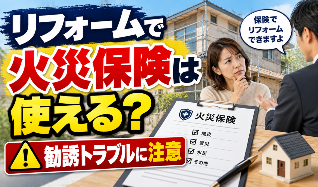 リフォーム中の住宅と火災保険の書類を背景に、保険利用の勧誘について相談する様子のサムネイル画像