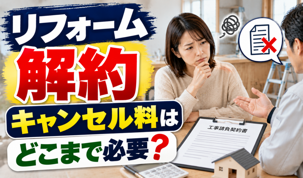 リフォーム工事請負契約書を前に、解約とキャンセル料について相談している様子のサムネイル画像