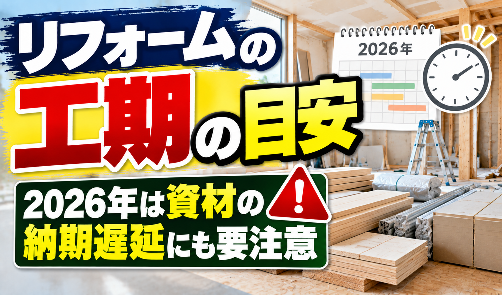 リフォーム工事中の室内に資材や工程表を配置し、2026年の工期と資材の納期遅延への注意を示したサムネイル画像