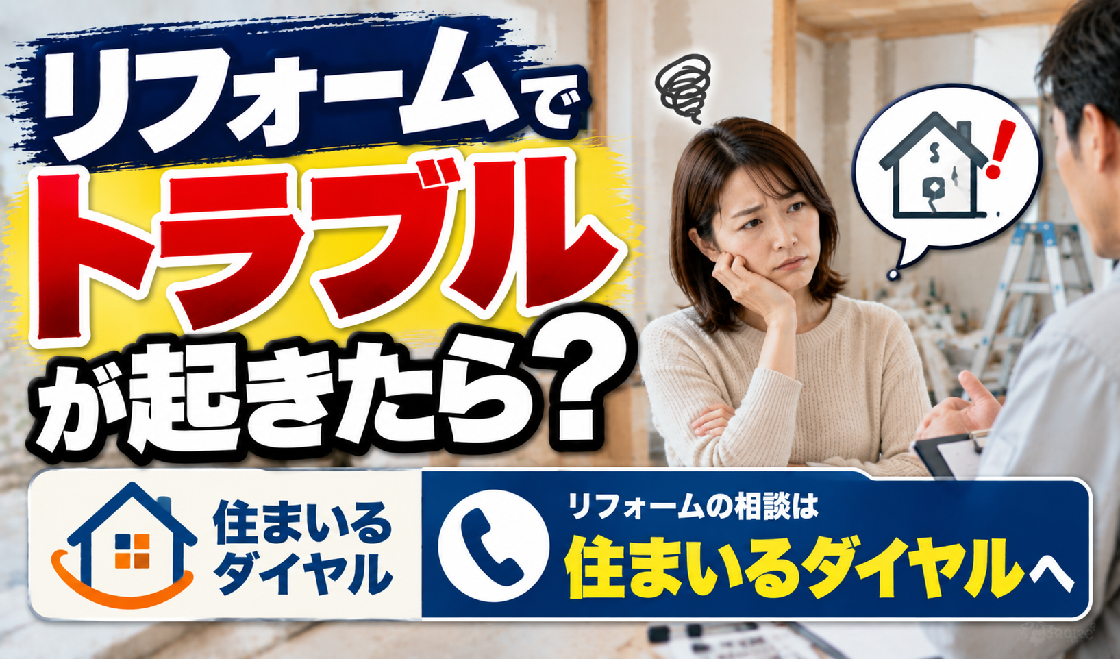 リフォーム工事のトラブルについて施工業者と話し合い、住まいるダイヤルへの相談を案内するサムネイル画像