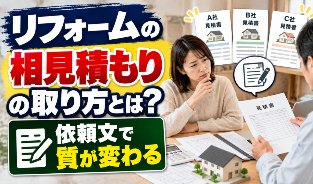 複数のリフォーム会社の見積書を比較しながら、相見積もりの取り方と依頼方法を検討する様子のサムネイル画像