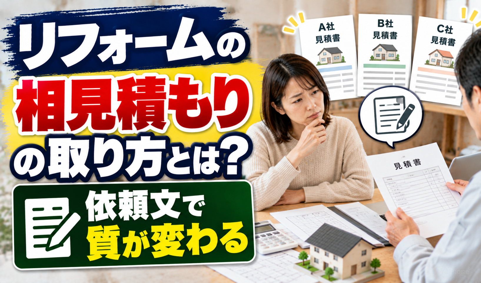 複数のリフォーム会社の見積書を比較しながら、相見積もりの取り方と依頼方法を検討する様子のサムネイル画像