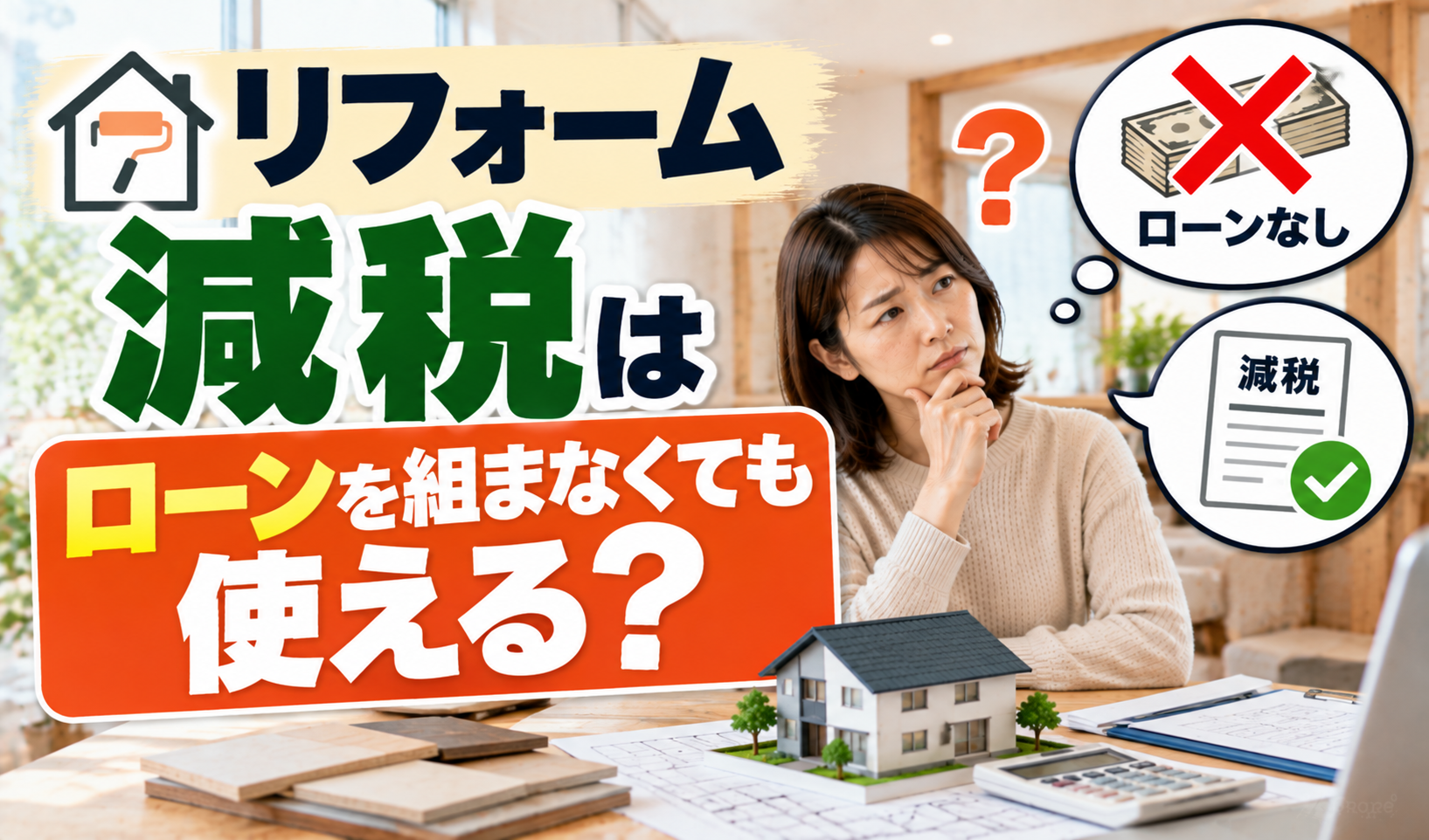 リフォーム減税がローンを組まなくても使えるかを、住宅と減税制度の書類で示したサムネイル画像