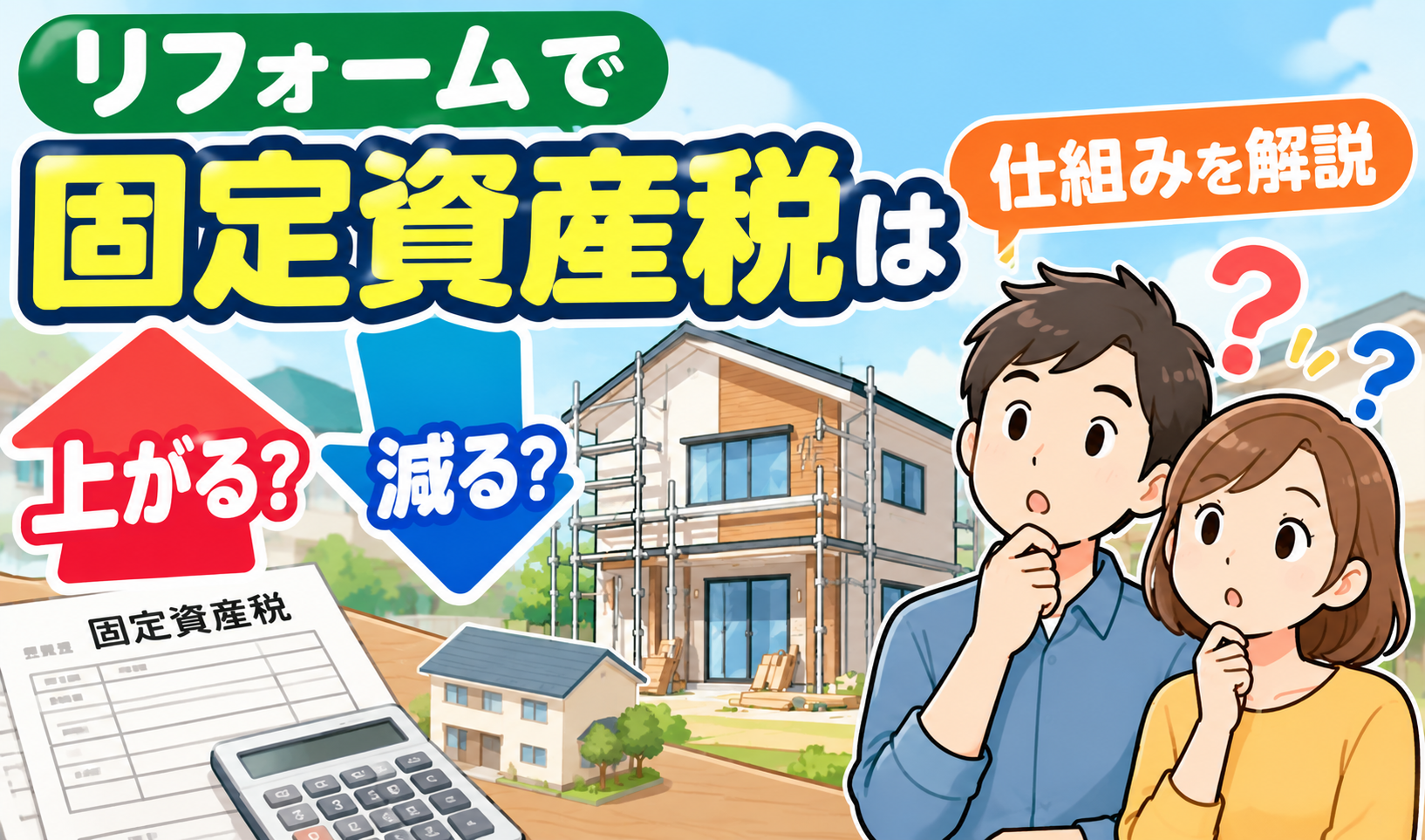 リフォームで固定資産税が上がる場合と減る場合について、改修中の住宅と固定資産税の書類で解説するイラスト