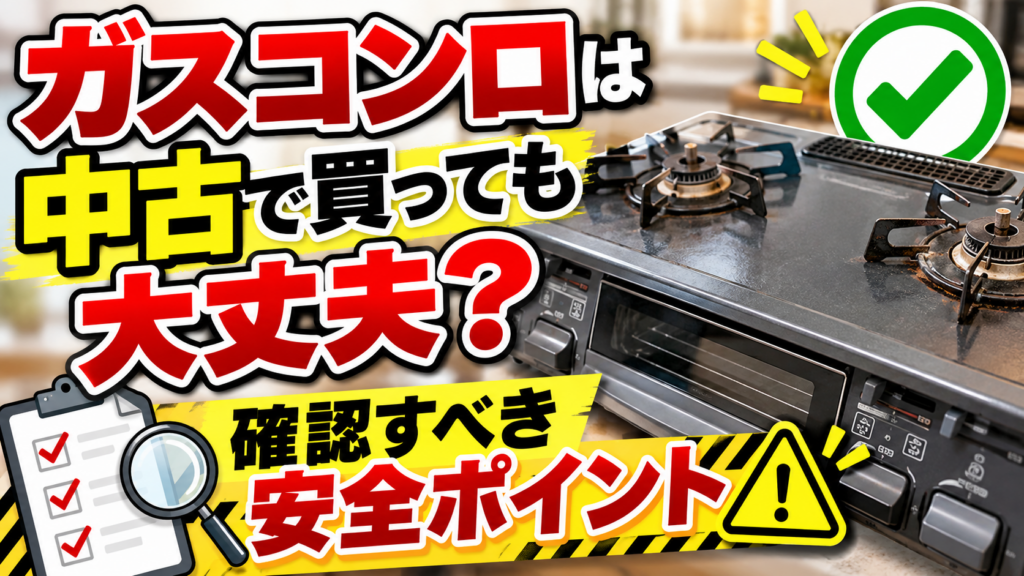 中古ガスコンロを購入する際の安全確認ポイントを解説したサムネイル画像。使用感のあるガスコンロとチェックリスト、注意マークを配置し、中古購入時の確認事項を表現している。