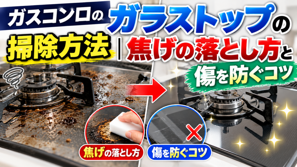 ガスコンロのガラストップに付着した焦げや油汚れを掃除し、傷を防ぎながらきれいにする方法を紹介するサムネイル画像