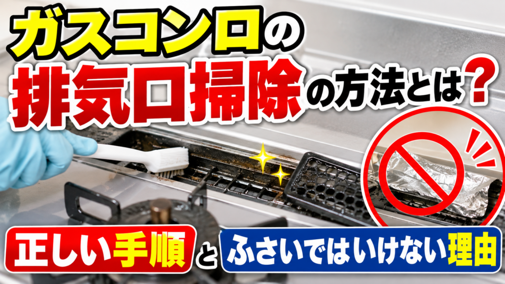 ガスコンロの排気口をブラシで掃除する様子と、排気口をアルミホイルなどでふさいではいけない理由を示したサムネイル画像