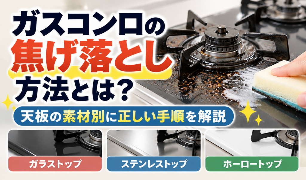 ガスコンロの天板についた焦げをスポンジで掃除する様子と、ガラストップ・ステンレストップ・ホーロートップの違いを紹介するサムネイル