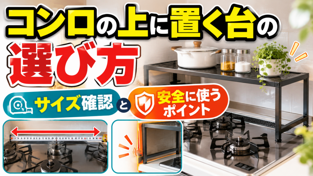 ガスコンロの上に設置する収納ラックの選び方を紹介するサムネイル。サイズ確認と安全に使用するポイントを示した画像。