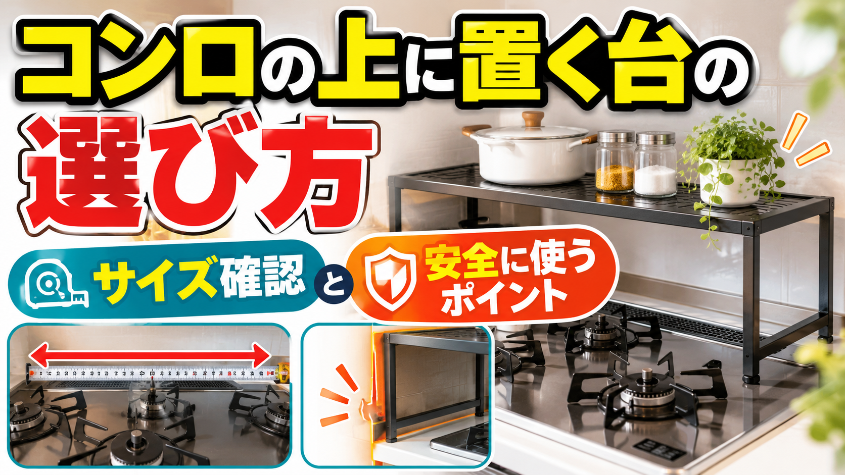 ガスコンロの上に設置する収納ラックの選び方を紹介するサムネイル。サイズ確認と安全に使用するポイントを示した画像。