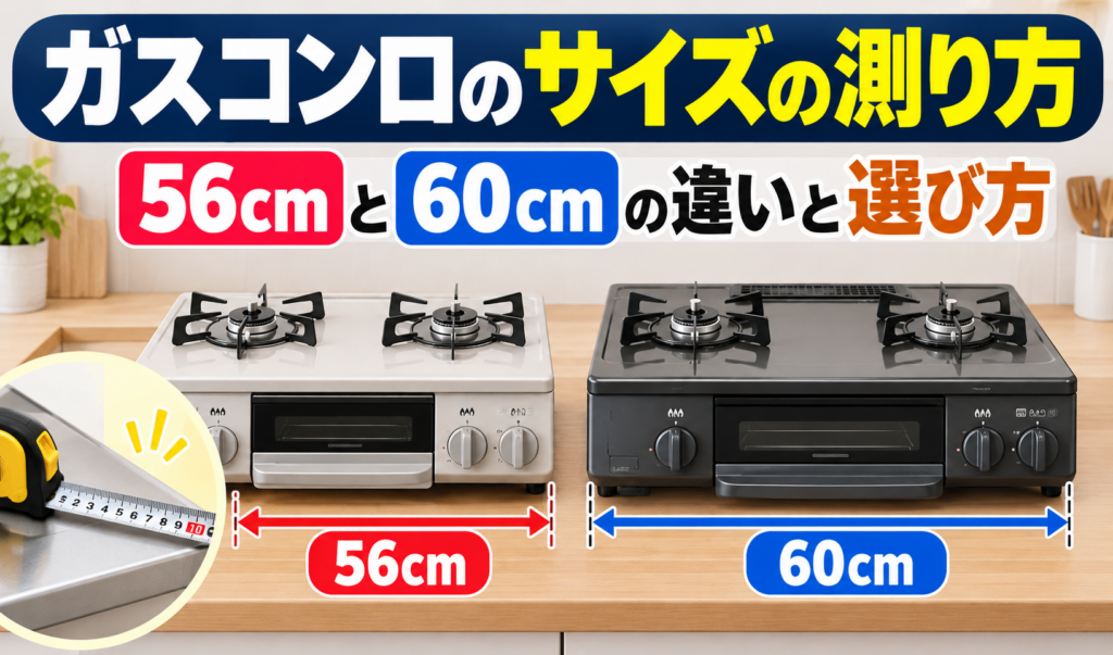 据え置き型テーブルコンロの56cmタイプと60cmタイプを並べ、横幅の測り方とサイズの違いを比較したサムネイル画像