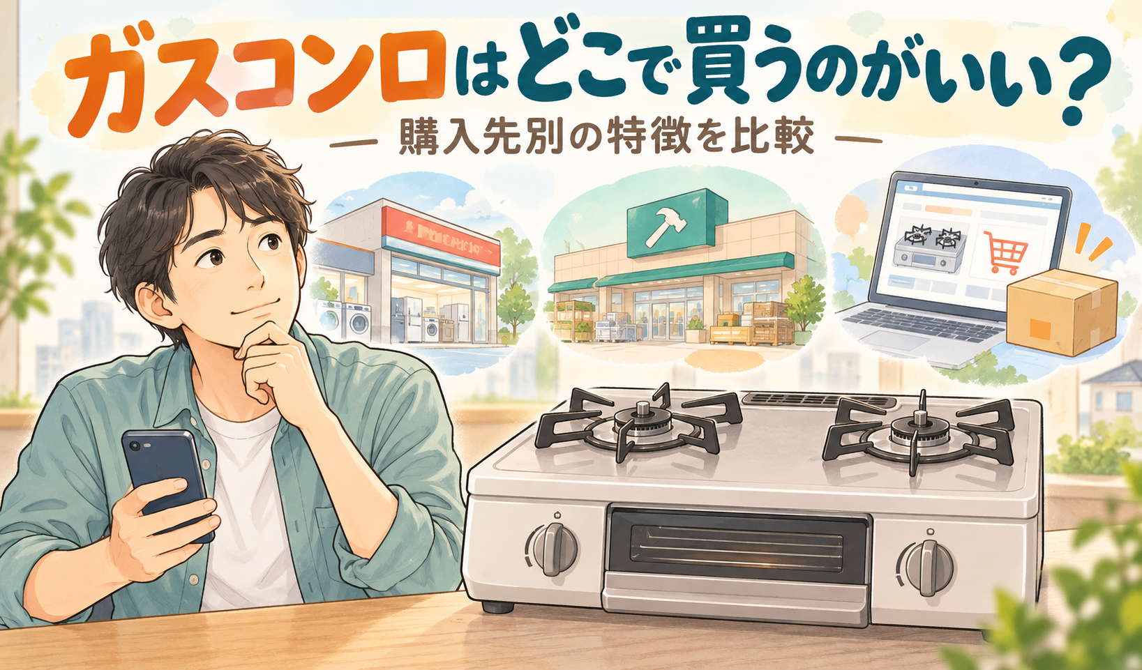 店舗とネット通販を比較し、ガスコンロの購入先を考えている男性のイラスト