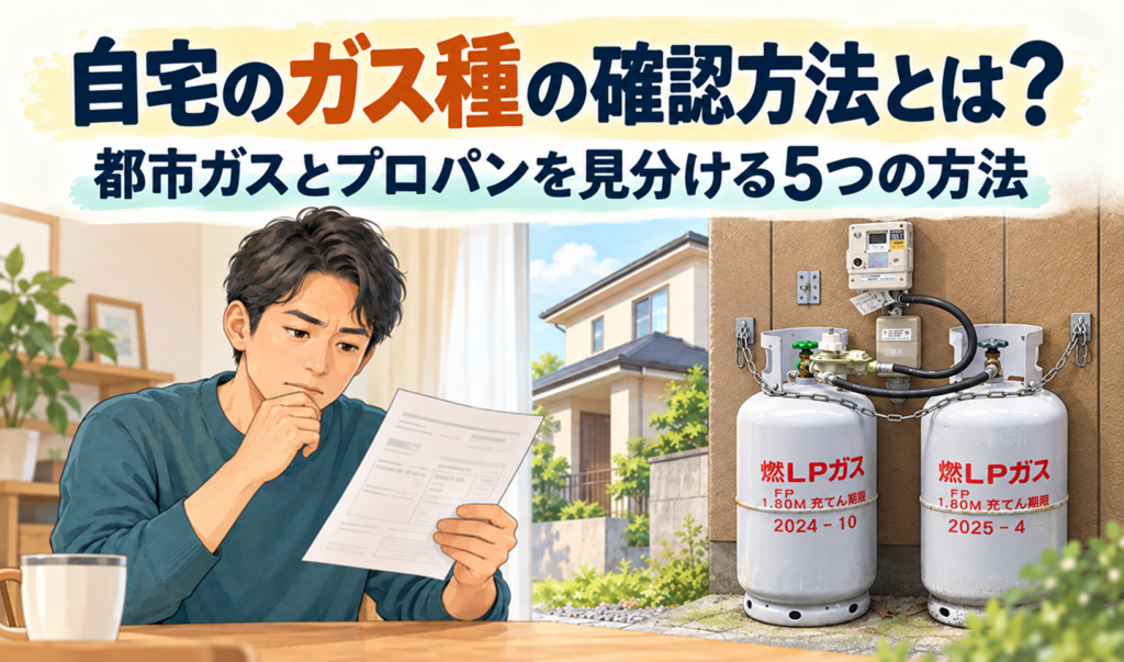 ガスの書類を確認する男性と、指定画像をもとに描いたプロパンガスボンベ・ガスメーターのサムネイル