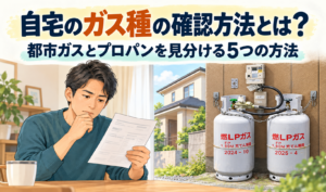 ガスの書類を確認する男性と、指定画像をもとに描いたプロパンガスボンベ・ガスメーターのサムネイル