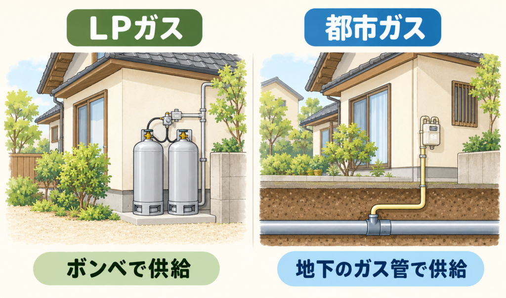 LPガスは屋外のボンベから、都市ガスは地下のガス管から住宅へ供給される違いを描いたイラスト