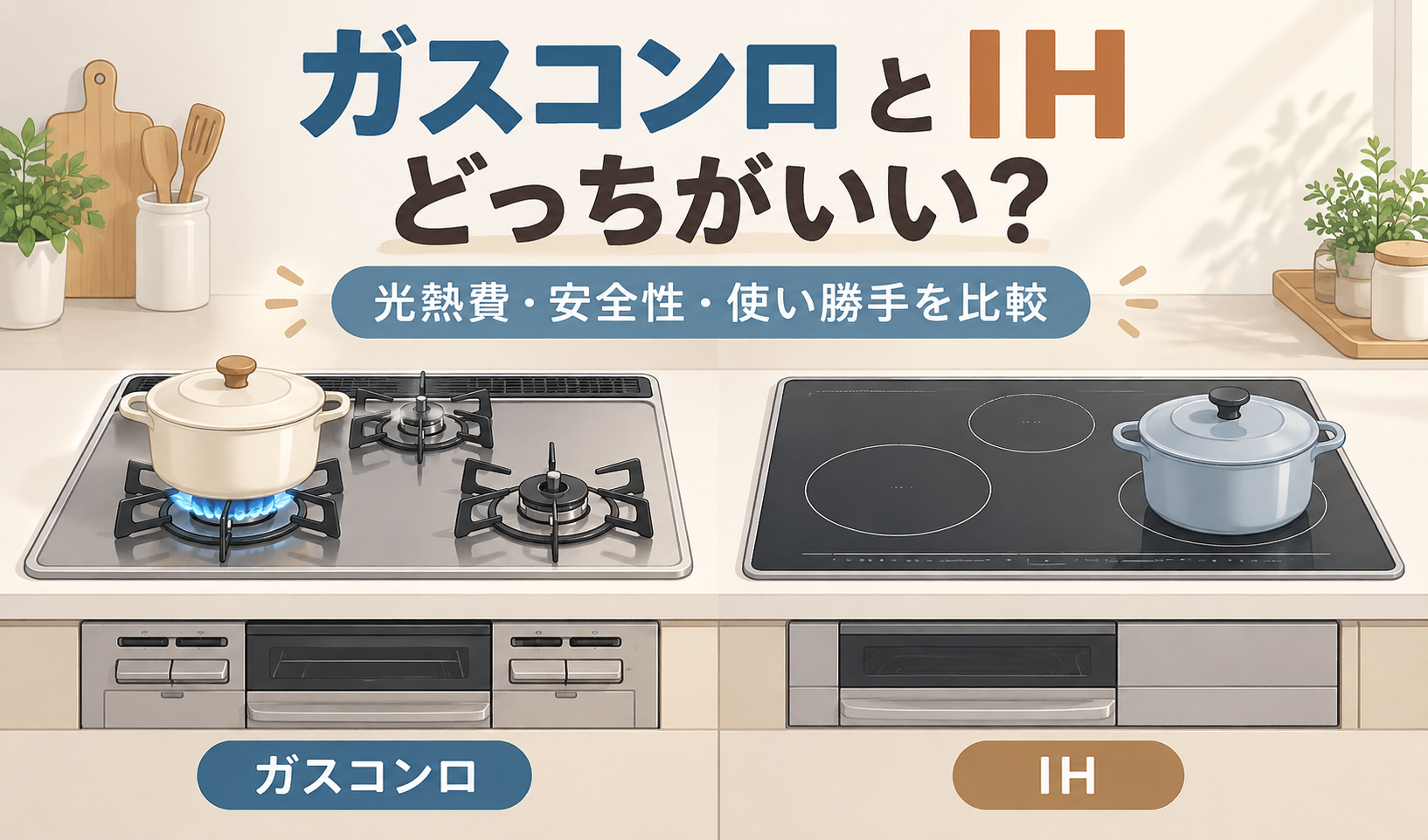 鍋を置いたガスコンロとIHを並べ、光熱費・安全性・使い勝手の比較を紹介するサムネイル。
