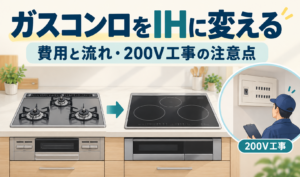 ガスコンロからIHへの交換と、分電盤を確認する工事担当者を描いたイラスト