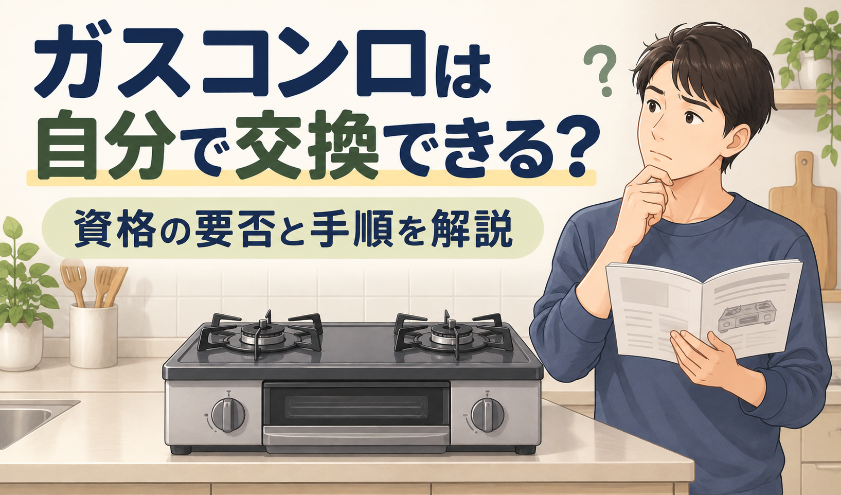ガスコンロの交換について説明書を読みながら考える男性のイラスト