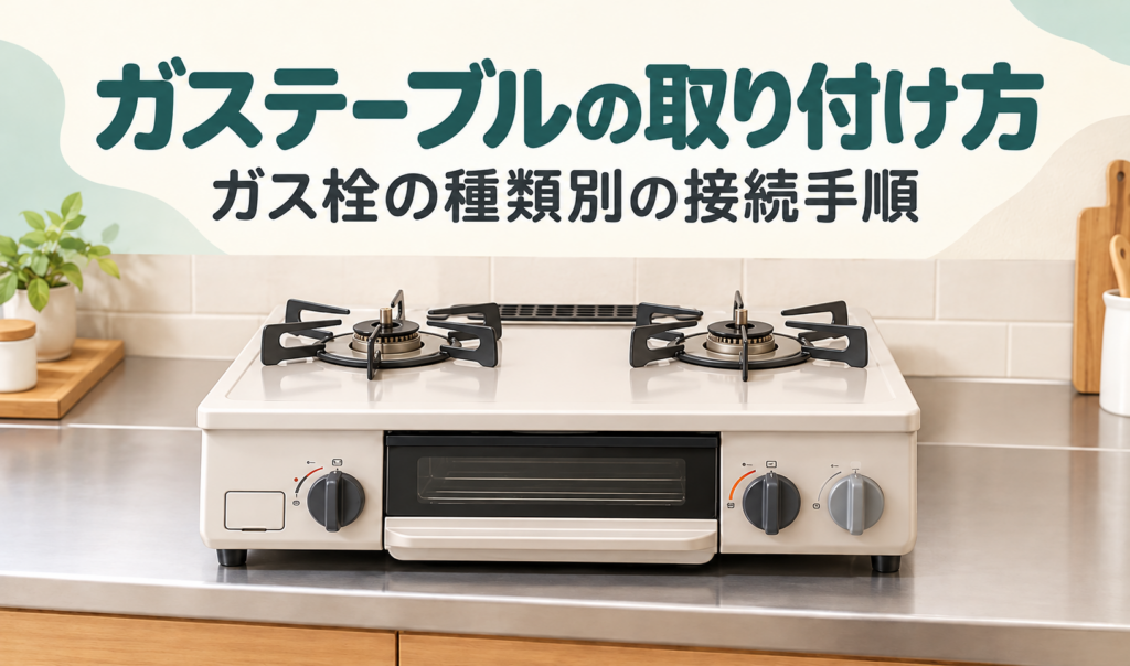 キッチンのコンロ台に設置された2口ガステーブルのイラスト