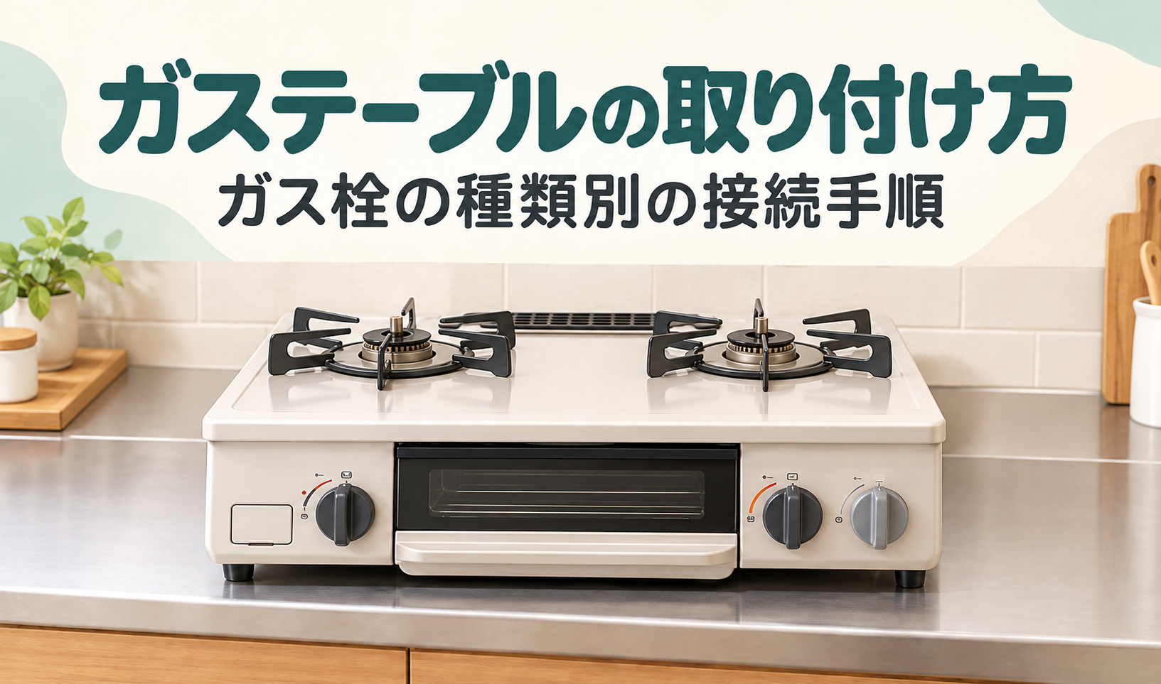 キッチンのコンロ台に設置された2口ガステーブルのイラスト