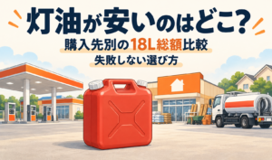 灯油のポリタンクとガソリンスタンド、ホームセンター、配達車を描いた、購入先別の18L総額比較のサムネイル