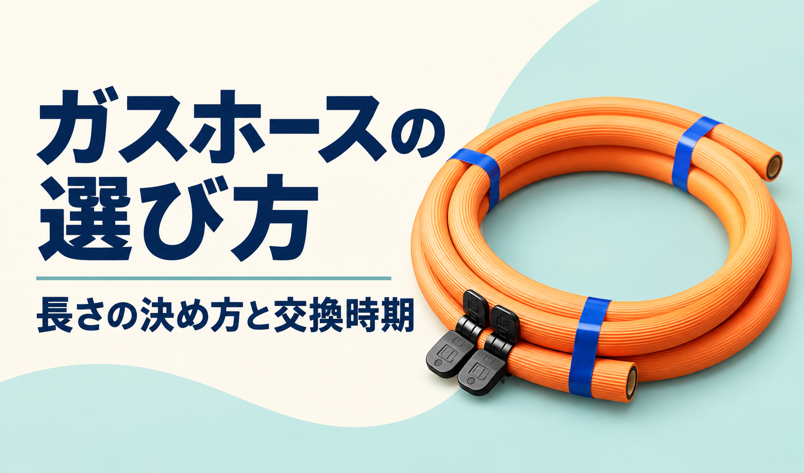 オレンジ色のガスホースと「ガスホースの選び方」「長さの決め方と交換時期」の文字を配置したサムネイル