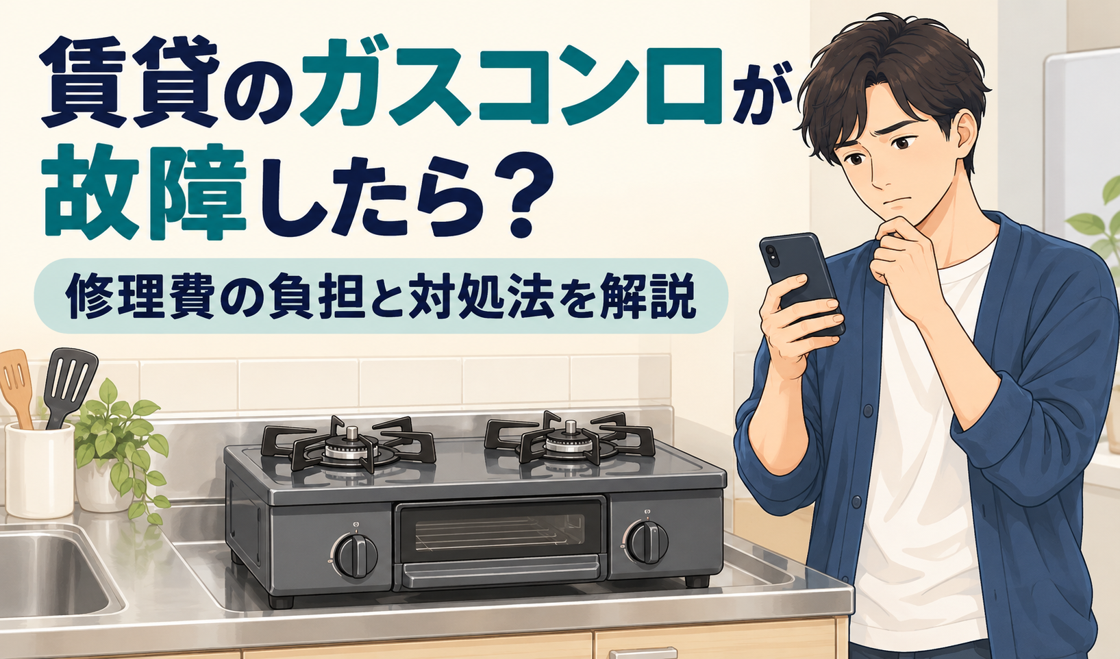 賃貸のキッチンでガスコンロの故障に困り、スマートフォンで相談先を確認する男性のイラスト