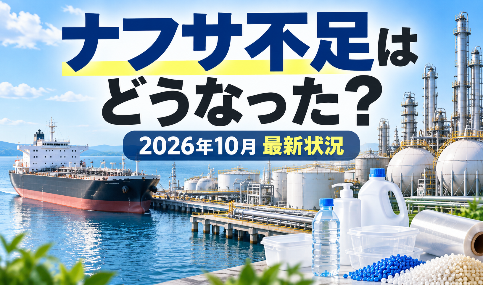 ナフサ不足はどうなった?2026年10月の最新状況をテーマに、石油化学工場や輸送タンカー、プラスチック製品を描いたサムネイル画像