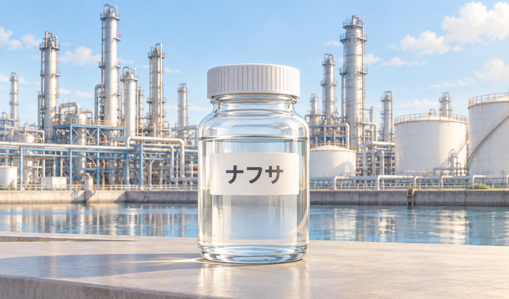 石油精製工場を背景に、透明なナフサが入ったサンプル瓶を描いたイラスト。