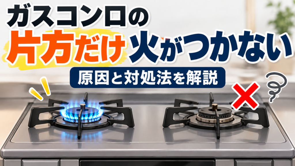 ガスコンロの片方だけ火がつかない状態を、正常に点火しているバーナーと火がつかないバーナーで比較したサムネイル画像