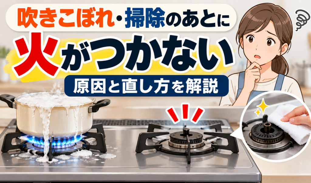 ガスコンロの吹きこぼれや掃除後に火がつかない原因を、鍋からの吹きこぼれとバーナーの清掃場面で表現したイラスト