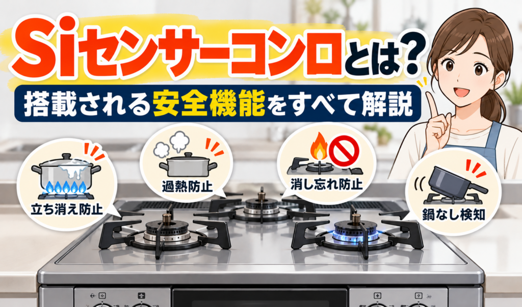 Siセンサーコンロの安全機能について、立ち消え防止や過熱防止、消し忘れ防止などをガスコンロとともに紹介したイラスト