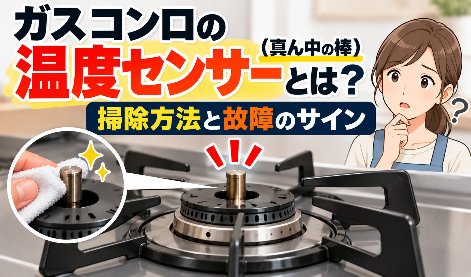 ガスコンロのバーナー中央にある温度センサーを拡大し、布で掃除する様子と故障のサインを紹介したイラスト