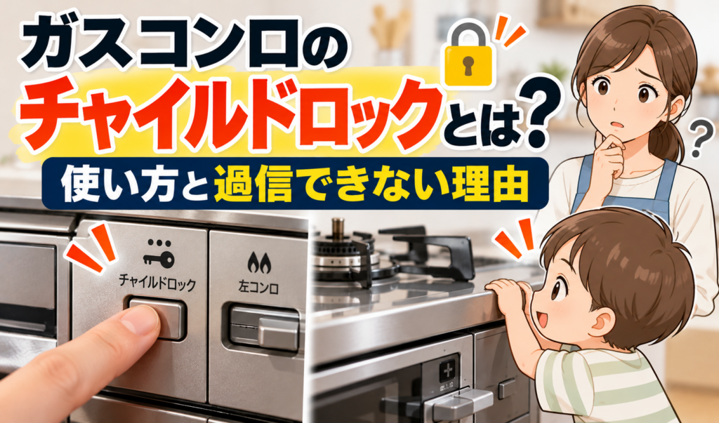 ガスコンロのチャイルドロックボタンを押す様子と、コンロに手を伸ばす子どもを心配そうに見守る母親を描いたイラスト