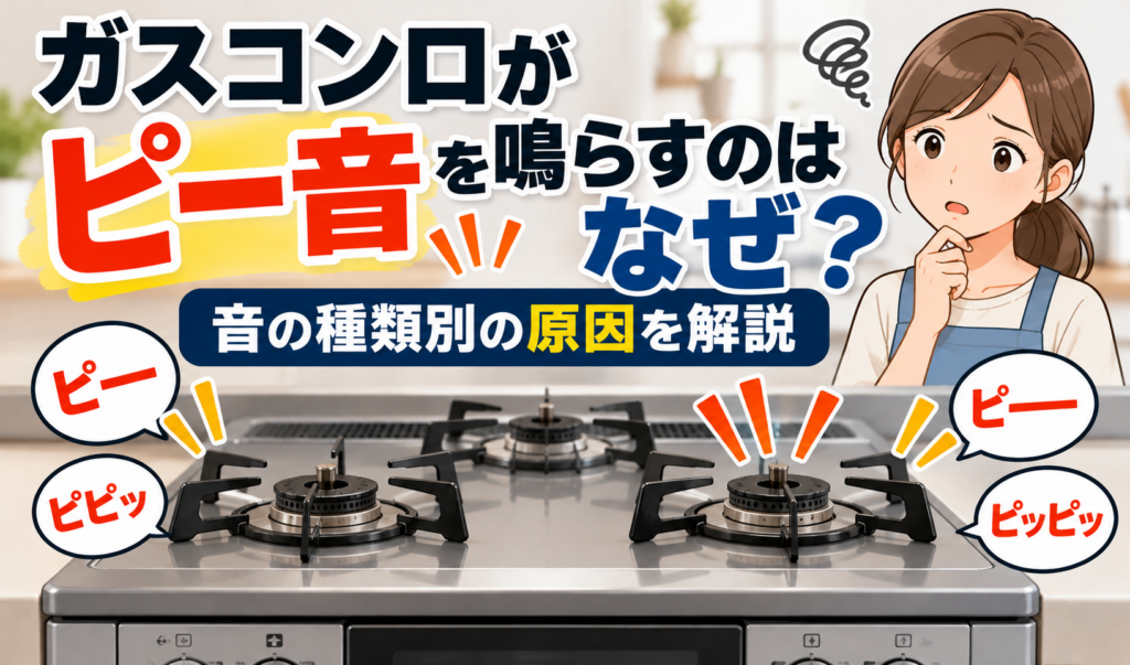 ガスコンロからピー音やピピッという警告音が鳴り、原因がわからず困っている女性を描いたイラスト