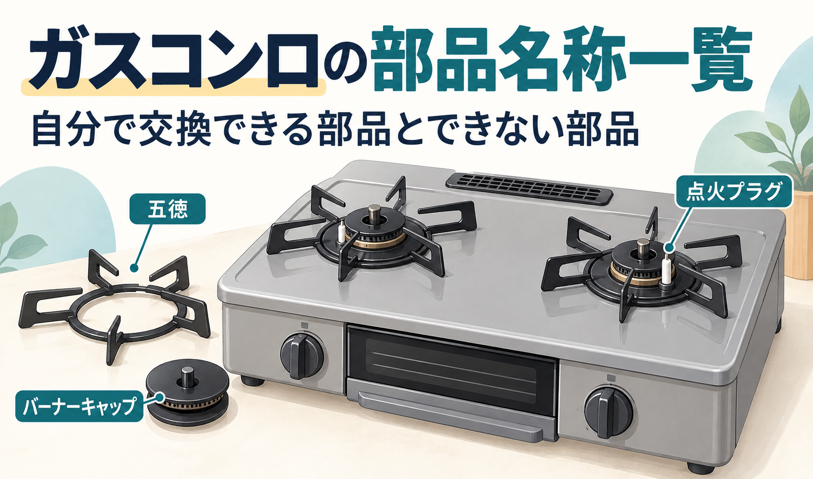 ガスコンロの五徳、バーナーキャップ、点火プラグの位置を示した部品名称一覧のサムネイル。