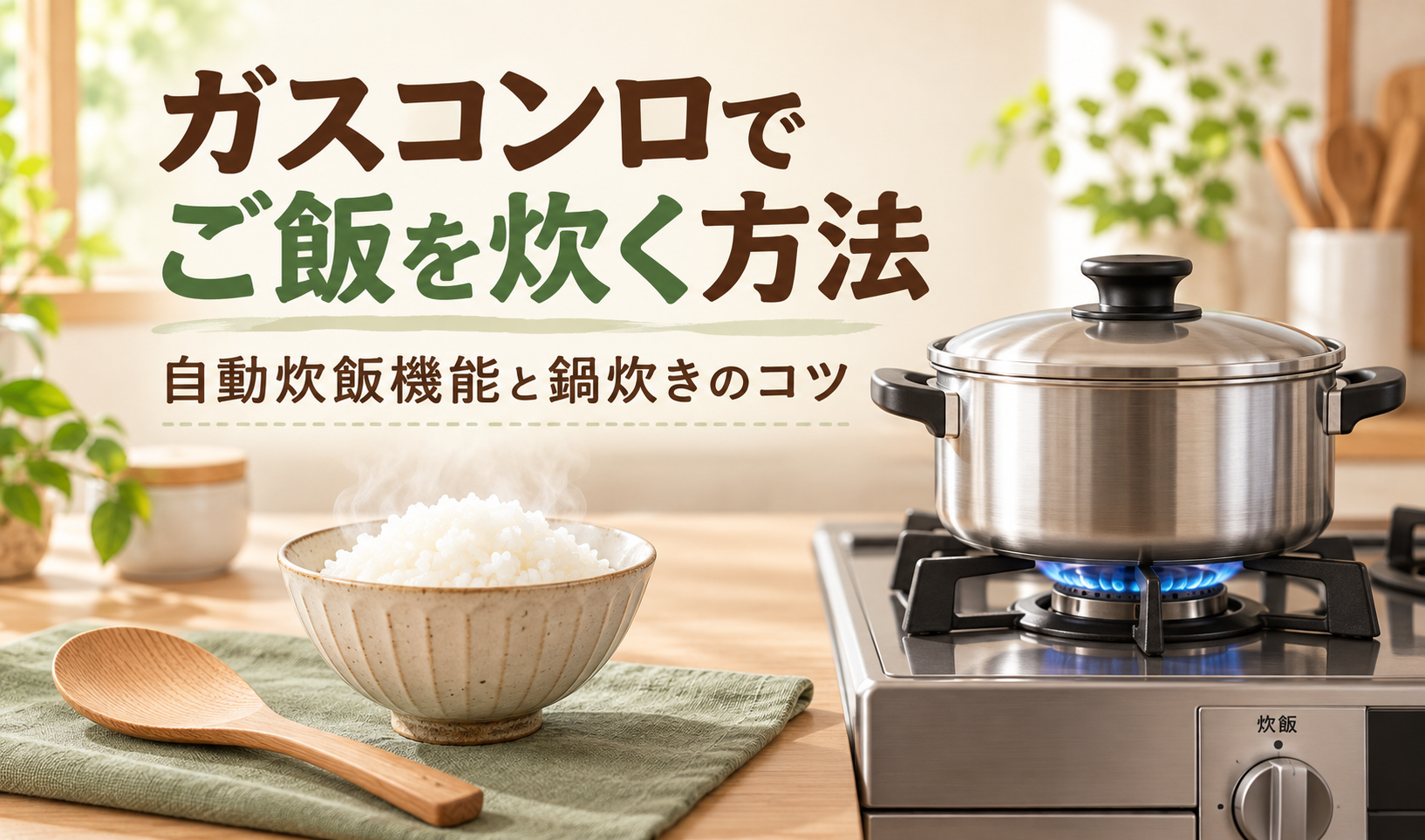 ガスコンロに載せた炊飯用の鍋と、茶碗に盛った炊きたてのご飯を描いたサムネイル