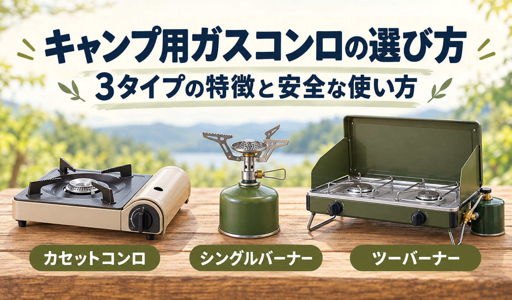カセットコンロ、シングルバーナー、ツーバーナーを並べた、キャンプ用ガスコンロの選び方を紹介するサムネイル。