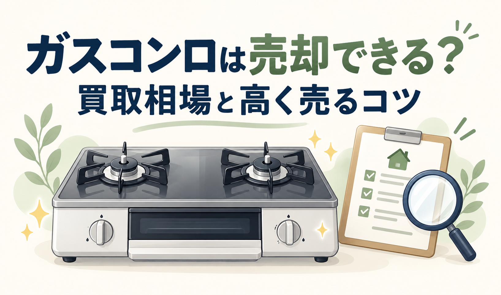 ガスコンロと査定用のチェックリスト、虫眼鏡を描いた、買取相場と高く売るコツを紹介するサムネイル。