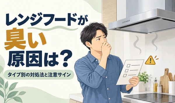 レンジフードのニオイを気にしながら、チェックリストで確認する男性のイラスト