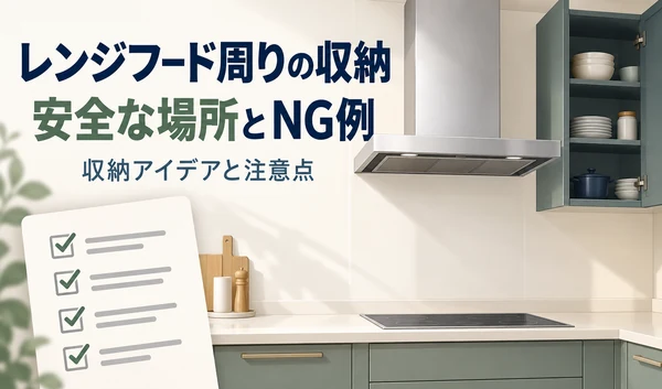 レンジフード周囲を空け、横の吊り戸棚に食器を収納したキッチン