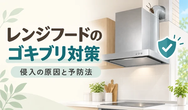 レンジフードのダクト付近にいる小さなゴキブリと、侵入予防を表す盾のイラスト