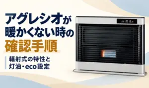 アグレシオ本体と、暖かくない時の確認手順や輻射式の特性・灯油・eco設定の見出しを配置したサムネイル