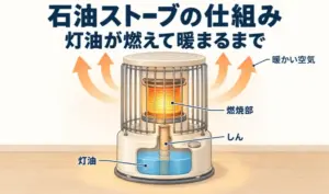 対流式石油ストーブの灯油・しん・燃焼部と、暖かい空気が上昇する様子を示したイラスト