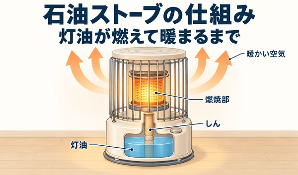対流式石油ストーブの灯油・しん・燃焼部と、暖かい空気が上昇する様子を示したイラスト